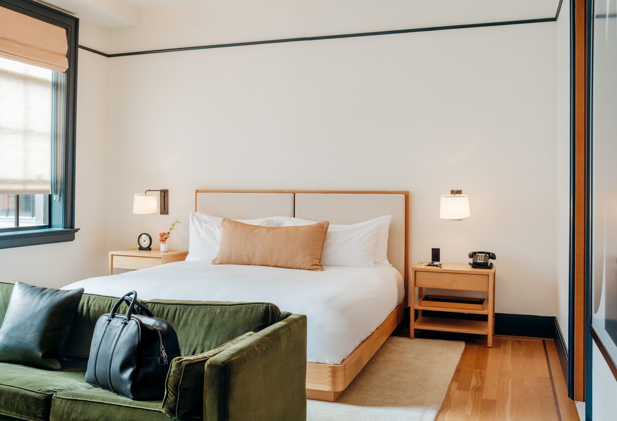 Design-forward guest room at The Shinola Hotel, Detroit