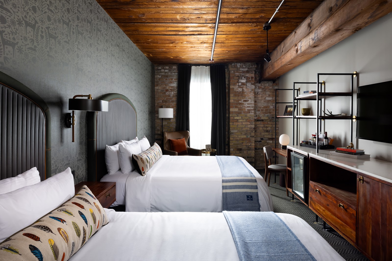 Industrial-chic room at Hewing Hotel, Minneapolis