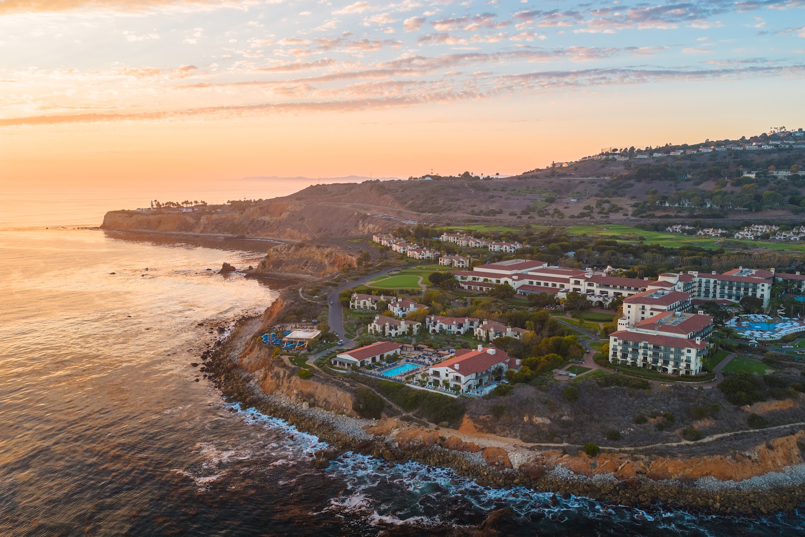 Oceanfront lawn and Mediterranean-style buildings at Terranea Resort, Rancho Palos Verdes
