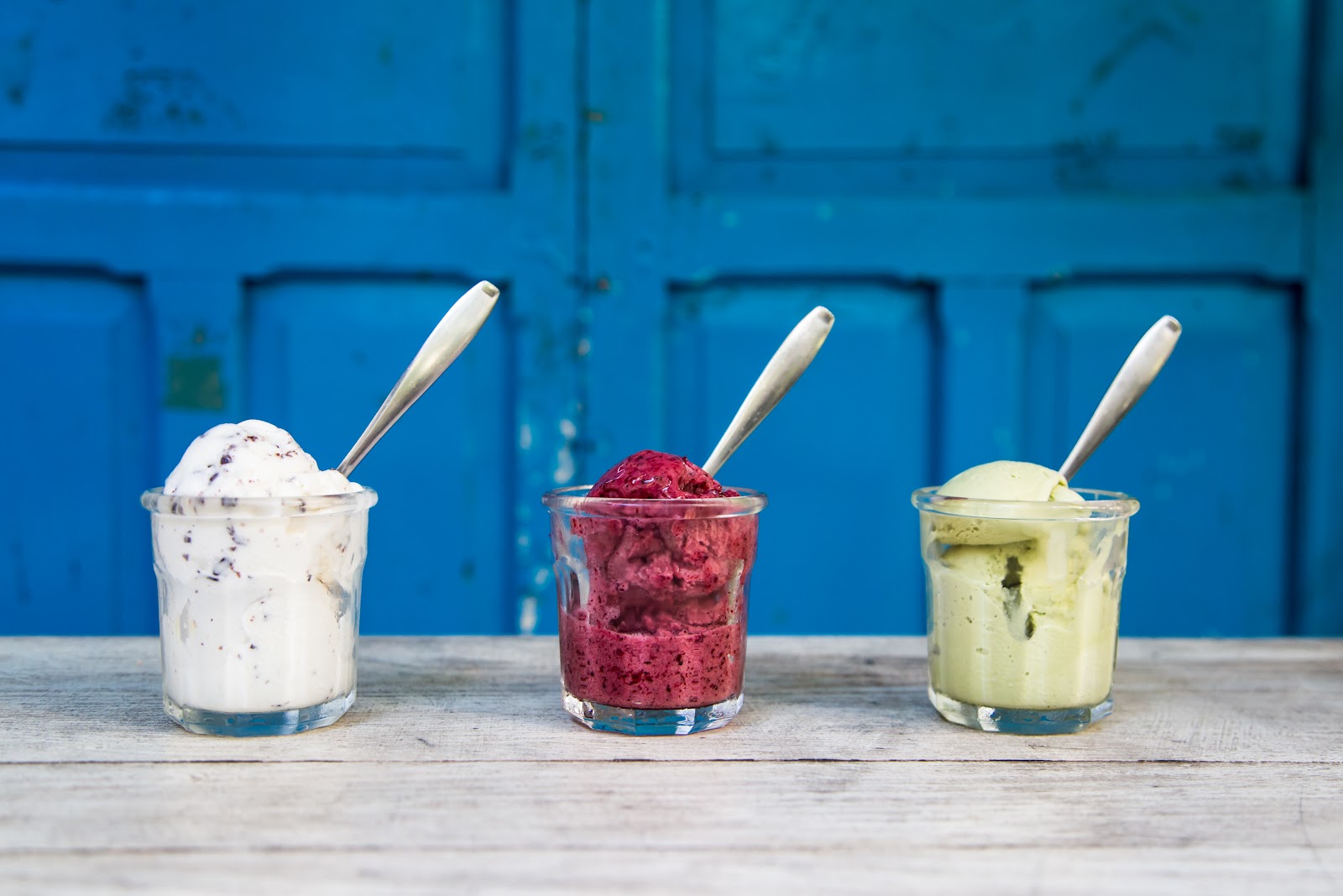 House-made gelato and sorbet in three glasses at Posada Margherita, Tulum